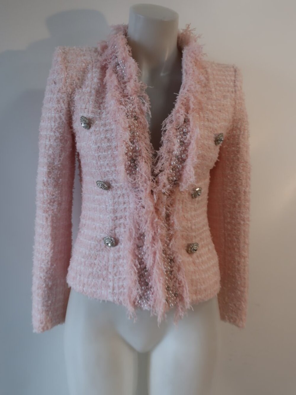Women Bloomingdale's Pink (Item-39) Pearl Bead Embellished Tweed Blazer Jacket S